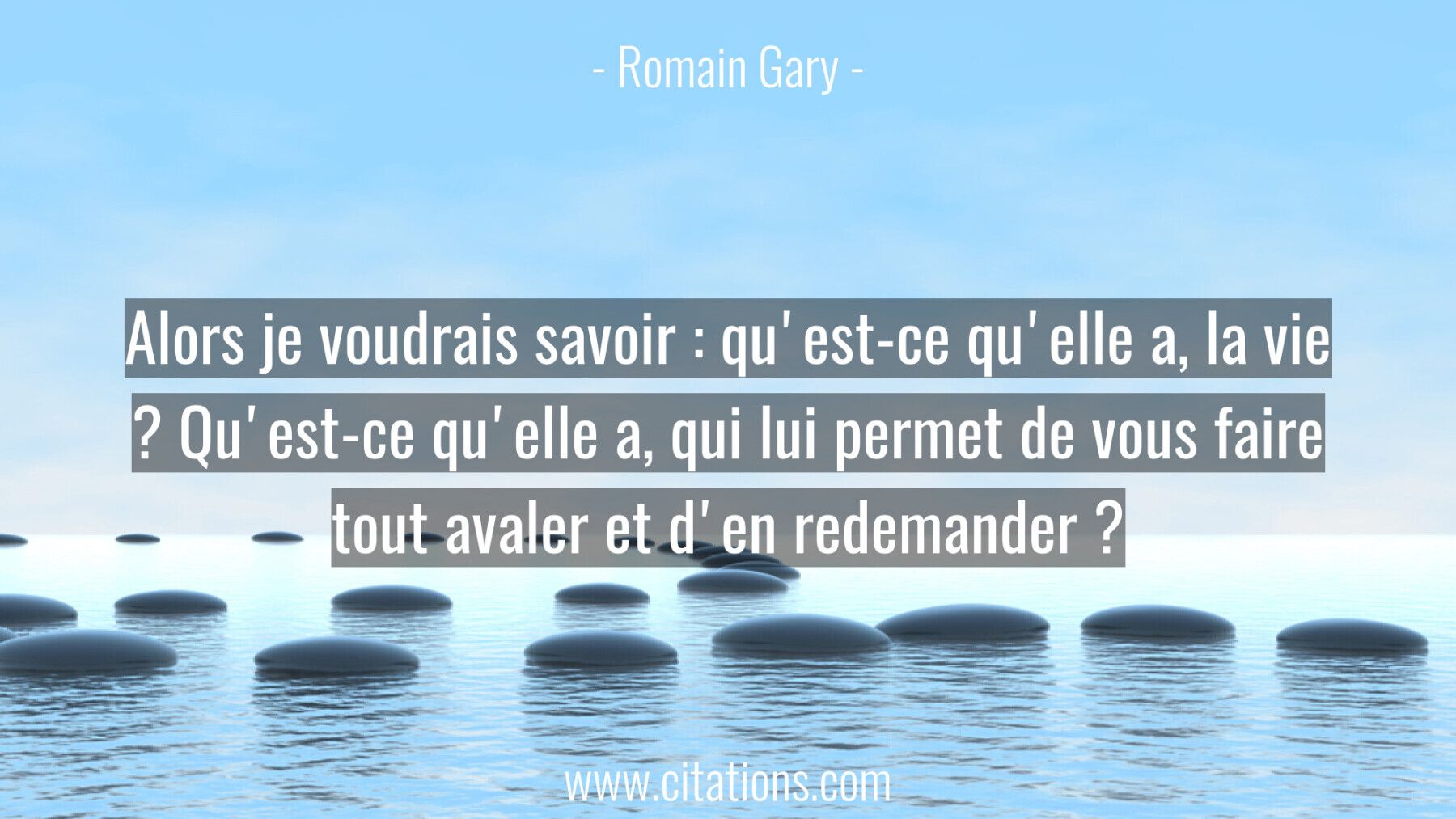 Alors je voudrais savoir : qu'est-ce qu'elle a, la vie ? Qu'est-ce qu'elle a, qui lui permet de vous faire tout avaler e...