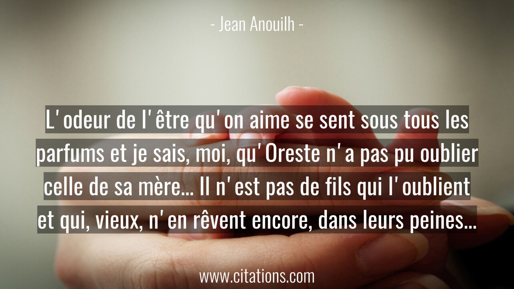 L'odeur de l'être qu'on aime se sent sous tous les parfums et je sais, moi, qu'Oreste n'a pas pu oublier celle de sa mèr...