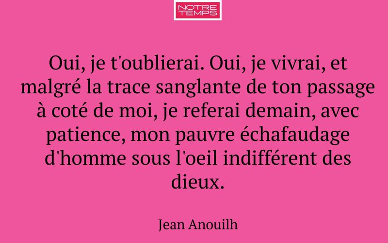 Oui, je t'oublierai. Oui, je vivrai, et malgré la trace sanglante de ton passage à coté de moi, je referai demain, avec patience, mon pauvre échafaudage d'homme sous l'oeil indifférent des dieux.