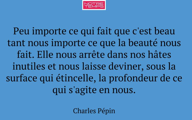 Peu importe ce qui fait que c'est beau tant nous importe ce que la beauté nous fait. Elle nous arrête dans nos hâtes inutiles et nous laisse deviner, sous la surface qui étincelle, la profondeur de ce qui s'agite en nous.